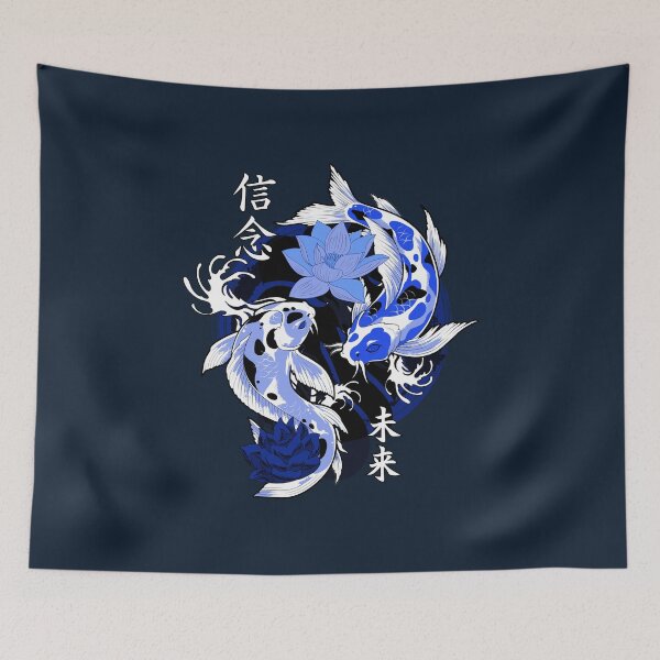 Item preview, Blue Yakuza Japanese tattoos, koi fish pond, floral water original designed and sold by Cheeky Companions.