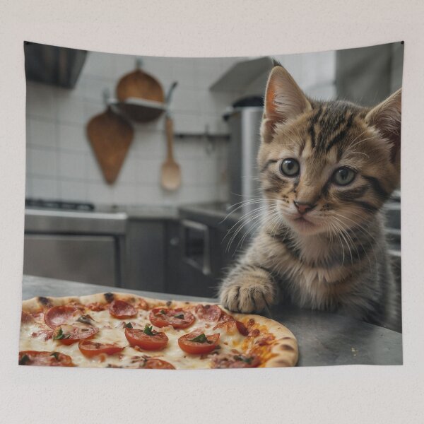 Item preview, Curious kitten caught admiring a freshly baked pizza designed and sold by CuteopiaGallery.
