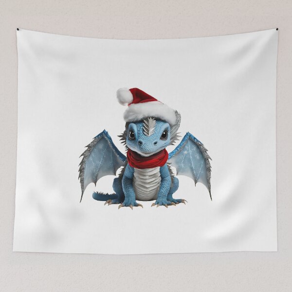Item preview, Cute Realistic Artwork of a Cute Blue Baby Dragon Wearing a Red Festive Christmas Hat and Scarf designed and sold by CuteopiaGallery.