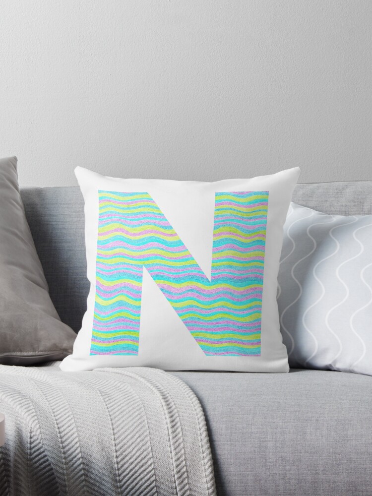 Thumbnail 1 of 4, Pillow, Letter N Neon Wavy Stripe Pattern Monogram Initial designed and sold by theartofvikki.