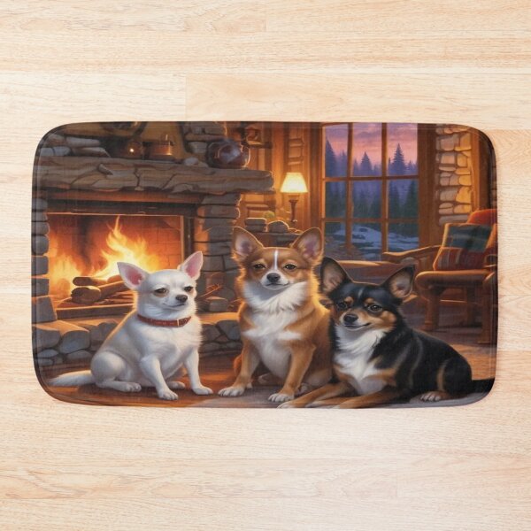 Item preview, Three small dogs sit comfortably in front of a cozy fireplace designed and sold by InezPhotography.