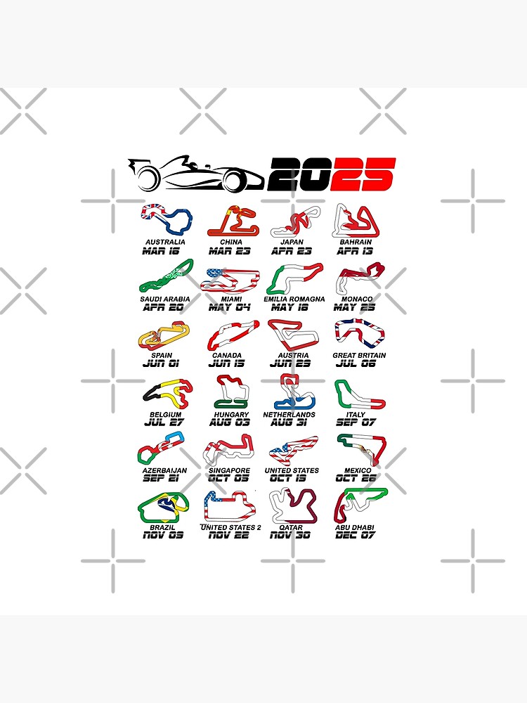Thumbnail 4 of 4, Pillow, Calendar Formula race cars 2025 circuits colors white designed and sold by ideasfinder.