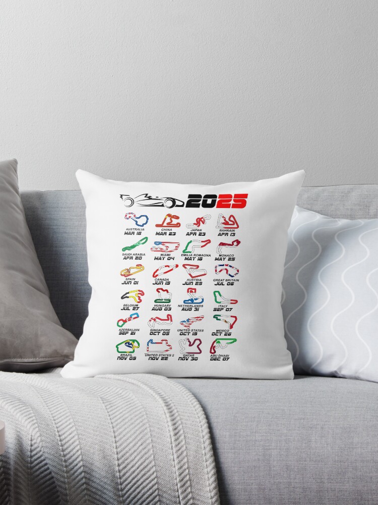 Thumbnail 1 of 4, Pillow, Calendar Formula race cars 2025 circuits colors white designed and sold by ideasfinder.