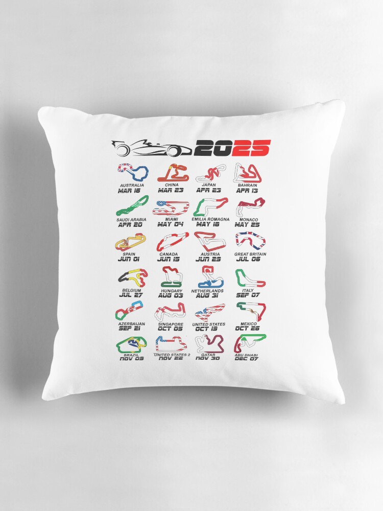 Thumbnail 3 of 4, Pillow, Calendar Formula race cars 2025 circuits colors white designed and sold by ideasfinder.