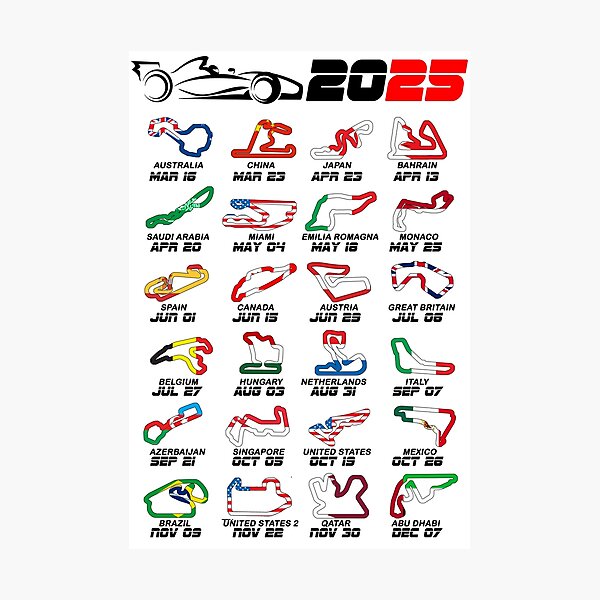 Aperçu de l'œuvre Calendrier Formule 1 voitures de course 2025 circuits couleurs blanc créée et vendue par ideasfinder.