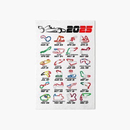 Aperçu de l'œuvre Calendrier Formule 1 voitures de course 2025 circuits couleurs blanc créée et vendue par ideasfinder.