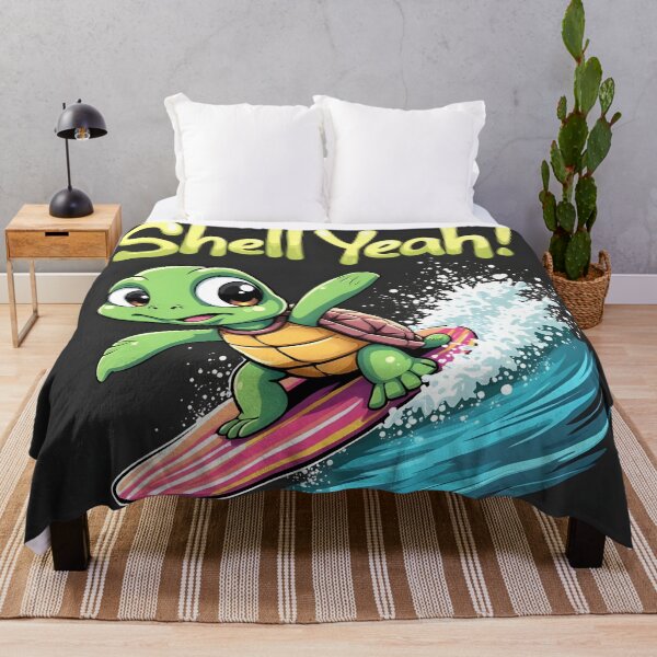 Item preview, Adorable Cartoon Turtle Surfing on a Wave with 'Shell Yeah!' Text in Vibrant Colors designed and sold by izmb.