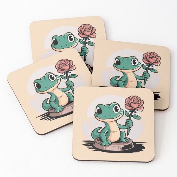 Item preview, a cute green gecko with a winking eye, holding a rose. designed and sold by 123ks.
