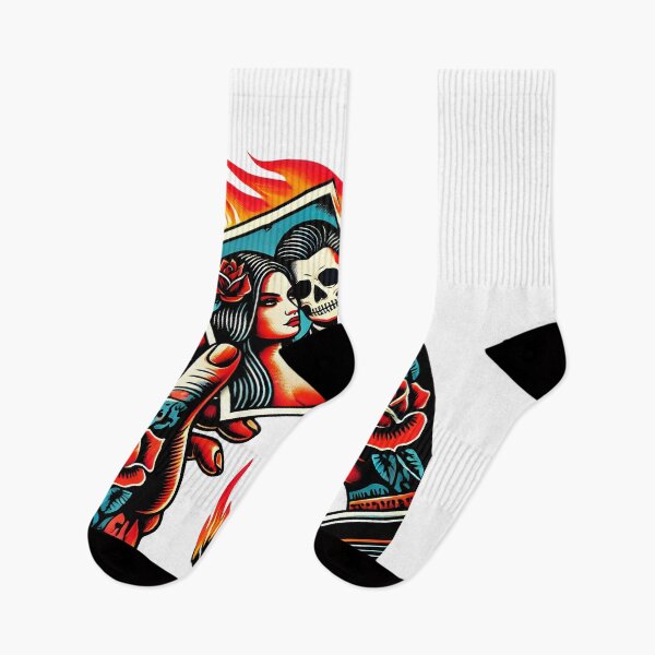 Item preview, Burning Love Skeleton Art - Fiery Tattoo-Inspired Romantic Illustration designed and sold by DrawHandArt.