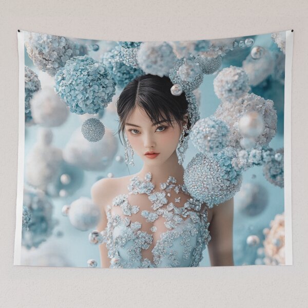Item preview, Elegant Woman in a Sparkling Frosty Blue Gown Amongst Crystal Hydrangeas designed and sold by Cris888.