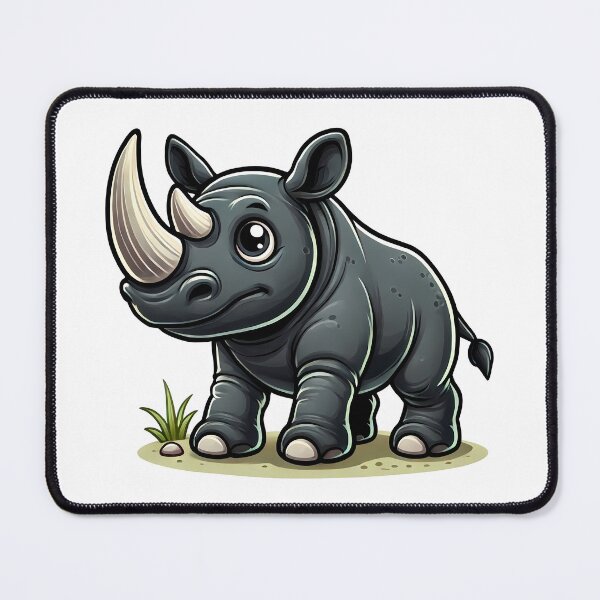 Item preview, Adorable cartoon black rhinoceros with big eyes, standing on grass, showcasing a friendly expression. designed and sold by cave-canvas.