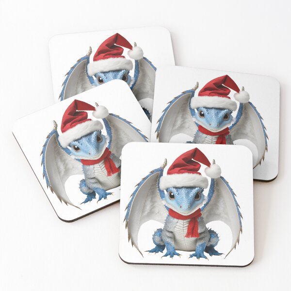 Item preview, Realistic Artwork of a Cute Blue Baby Dragon Wearing a Red Festive Christmas Hat and Scarf designed and sold by CuteopiaGallery.