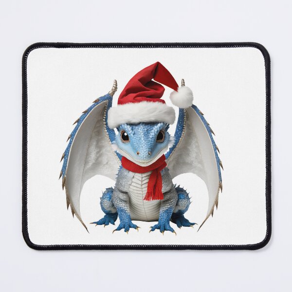 Item preview, Realistic Artwork of a Cute Blue Baby Dragon Wearing a Red Festive Christmas Hat and Scarf designed and sold by CuteopiaGallery.