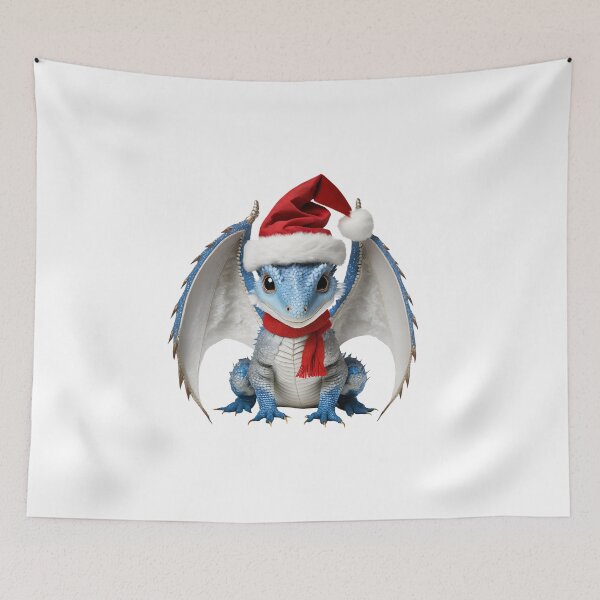 Item preview, Realistic Artwork of a Cute Blue Baby Dragon Wearing a Red Festive Christmas Hat and Scarf designed and sold by CuteopiaGallery.
