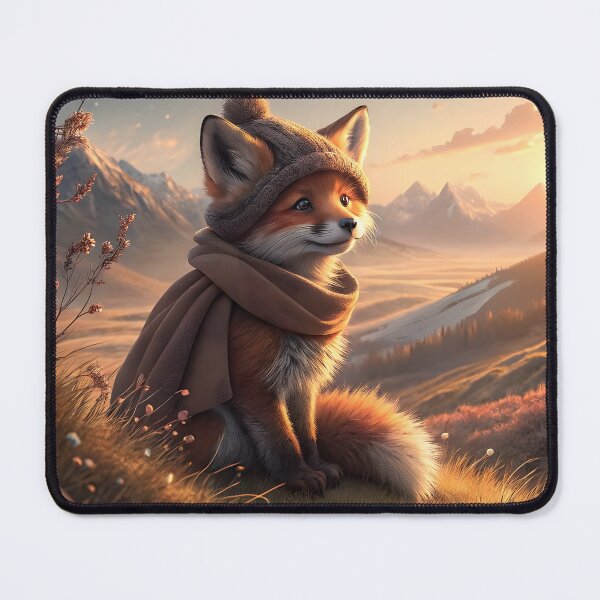 Item preview, Digital matte painting of one cute red fox cub, which is dressed in a hat and scarf of brown color. designed and sold by PrintLabStudio.