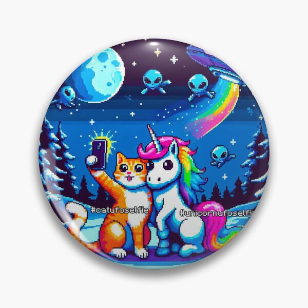 Item preview, Cat & Unicorn UFO Selfie: Big Meeting (Pixel Art Design) designed and sold by TrippyBunnyShop.