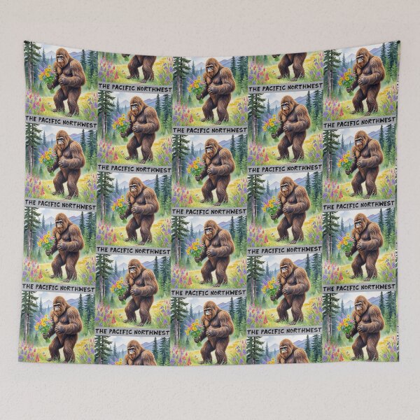 Item preview, Sasquatch with wildflowers, PNW designed and sold by Catherine Harrison.