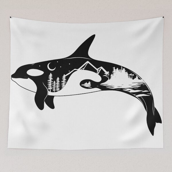 Aperçu de l'œuvre Motif d'épaulard, silhouette d'arbre de Sitka, Westcoast Designs créée et vendue par SqueezedDesigns.
