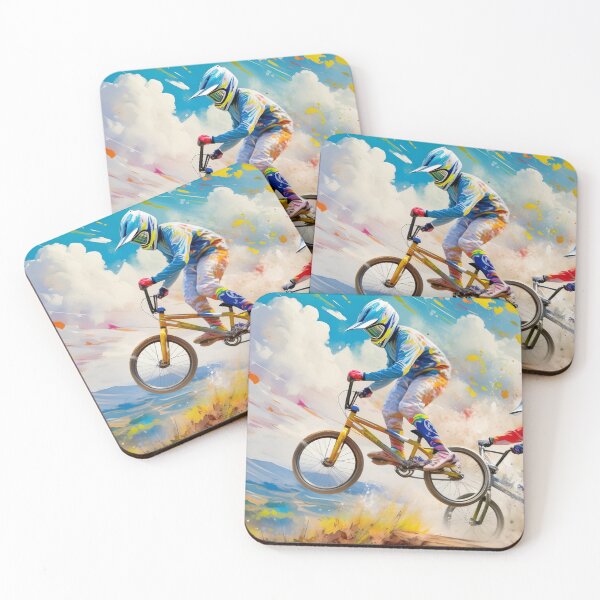 Item preview, Two BMX bikers perform aerial tricks against a vibrant, artistic mountainous backdrop designed and sold by homydesign.