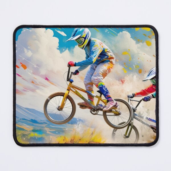 Item preview, Two BMX bikers perform aerial tricks against a vibrant, artistic mountainous backdrop designed and sold by homydesign.