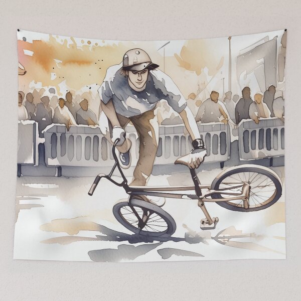 Item preview, Watercolor illustration of a BMX rider performing a trick in front of a crowd, capturing the energy and excitement of extreme sports designed and sold by homydesign.