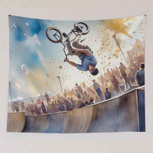 Item preview, A BMX rider performs an aerial trick in a skatepark bowl, surrounded by a crowd under a colorful sky designed and sold by homydesign.