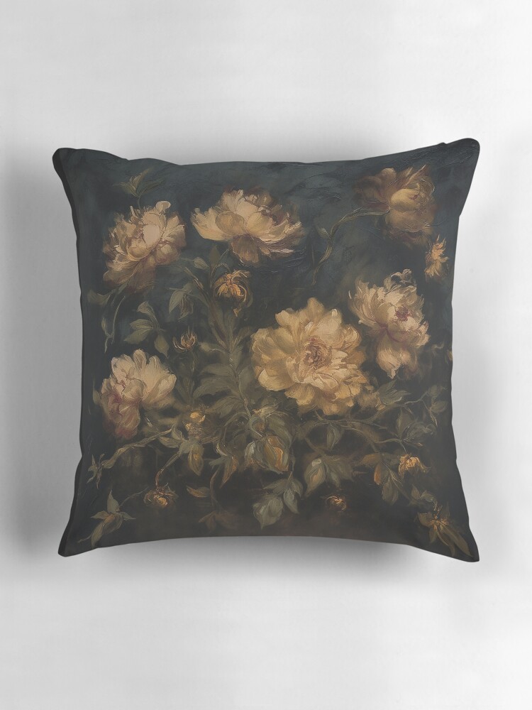 Aperçu 3 sur 4. Coussin avec l'œuvre Art botanique floral doré et ambiant créée et vendue par CopelandAndCo.