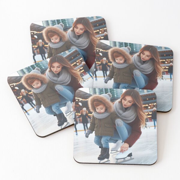Item preview, A child in a fur-lined hooded jacket and a woman in a scarf and sweater are ice skating together on an outdoor rink designed and sold by homydesign.