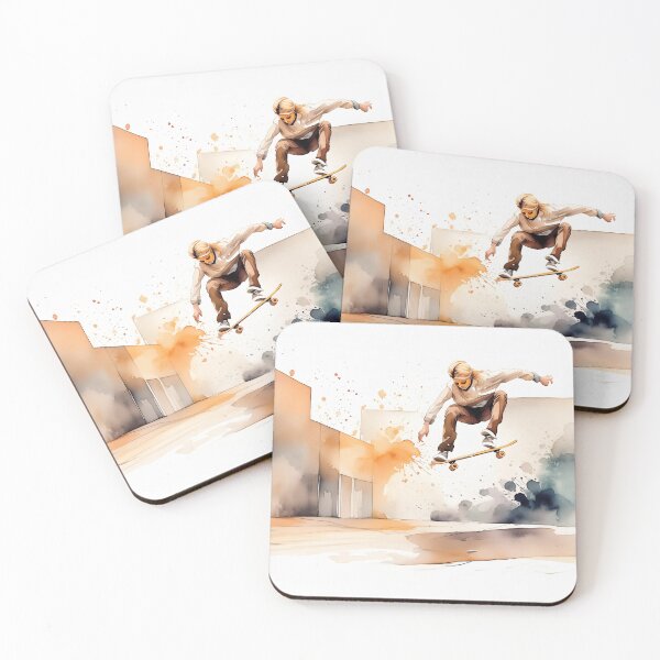 Item preview, Skater mid-air against a vibrant cityscape, depicted in dynamic watercolor strokes designed and sold by homydesign.