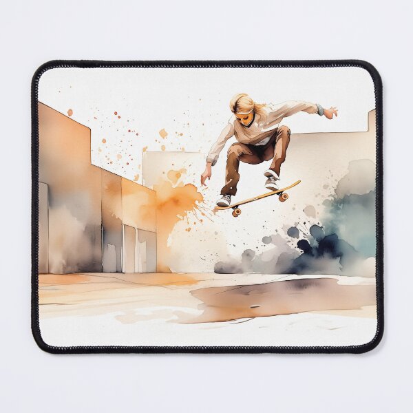 Item preview, Skater mid-air against a vibrant cityscape, depicted in dynamic watercolor strokes designed and sold by homydesign.