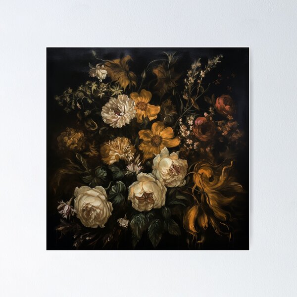 Dark Neutral Golden Flower Moody Floral Art Poster