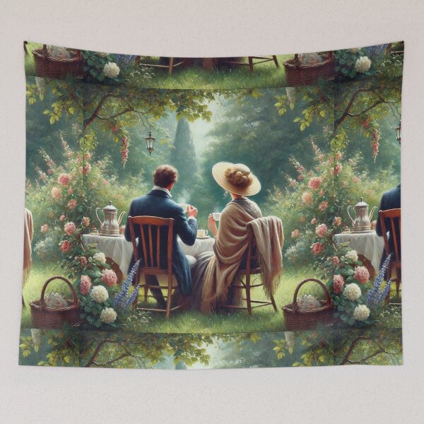 Item preview, Classic View of a Couple Enjoying Coffee Time for Quality Time Together on a Valentines Day in an English Garden designed and sold by erkabees.