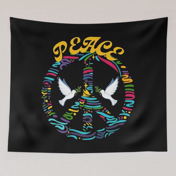 Item preview, Two White Doves With Olive Branches Flying In An Abstract Rainbow Colored Peace Sign designed and sold by Oaks Creations.