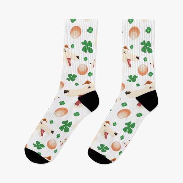 Item preview, Seamless pattern with energetic smooth-haired fox terrier, ball and four leaf clover designed and sold by olenapetol.