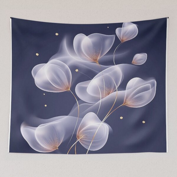 Item preview, Translucent White Flowers With Gold Outlines on Dark Blue designed and sold by GoldenTealArts.