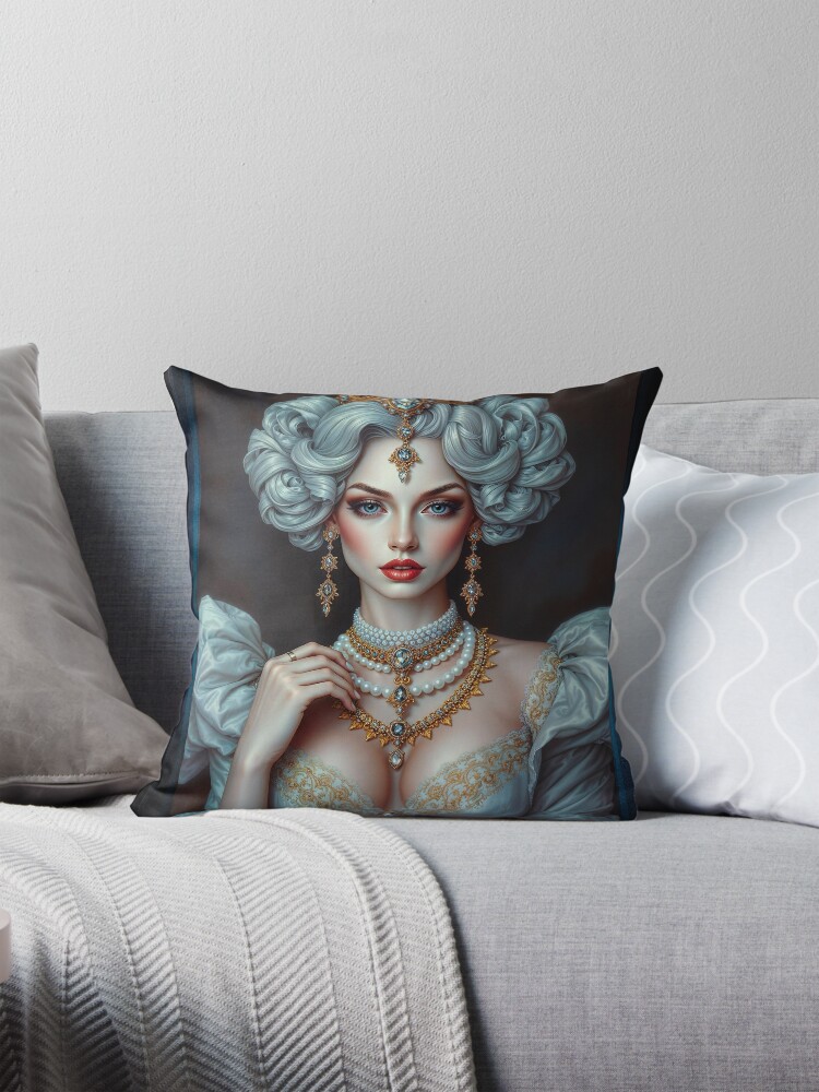 The Regal Elegance of Andrea Cici, The Porcelain Skin Platinum Blonde AI Concept Art by Xzendor7 | Her Beauty Shines In The Night 4 The Regal Elegance of Andrea Cici, The Porcelain Skin Platinum Blonde Alluring AI Concept Art by Xzendor7 Decorative Art Print Throw Pillow