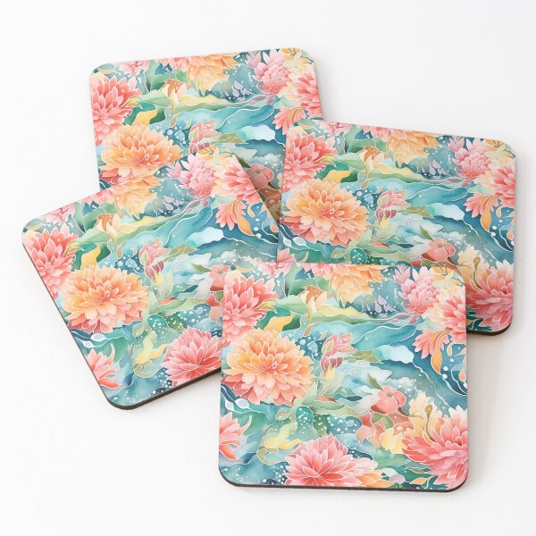 Item preview, Japanese Floral Flowers and Water Peach Pink Teal Orange designed and sold by Pink Pineapple Works.