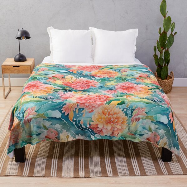 Item preview, Japanese Floral Flowers and Water Peach Pink Teal Orange designed and sold by Pink Pineapple Works.