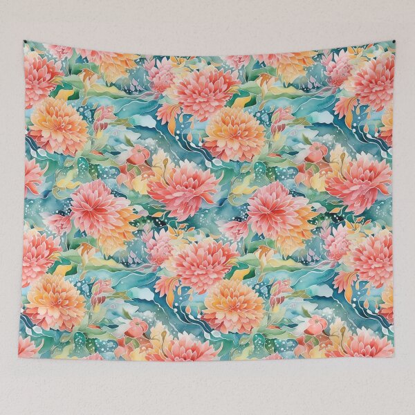 Item preview, Japanese Floral Flowers and Water Peach Pink Teal Orange designed and sold by Pink Pineapple Works.
