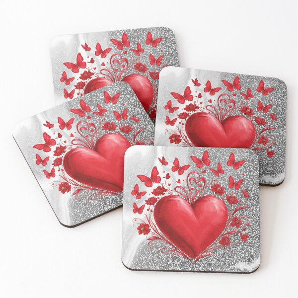 Item preview, Valentine Red Heart Flowers Butterflies Red Floral Silver Shimmer designed and sold by colorleafz.