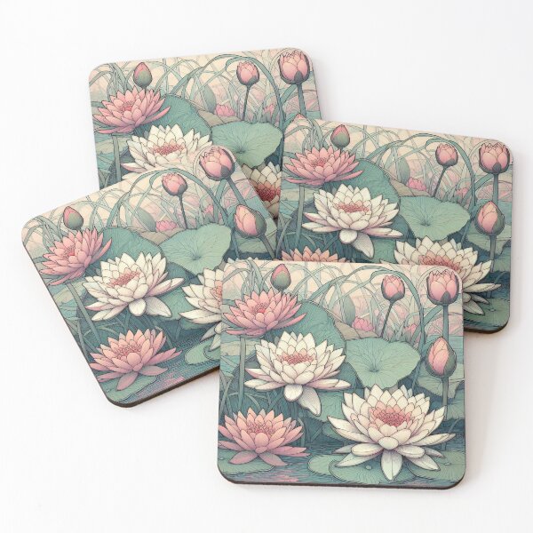 Item preview, Art Nouveau water lilies in delicate pink and green tones designed and sold by Art-Nouveau-Dsg.