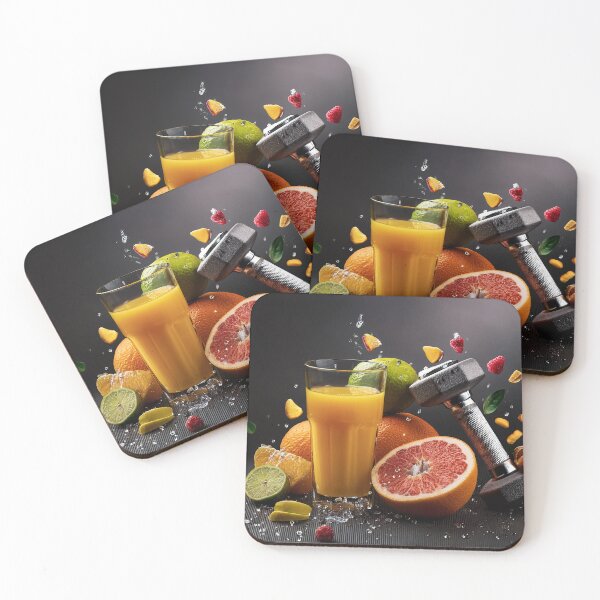 Item preview, The image showcases a vibrant and refreshing still life of healthy fruits, a glass of orange juice, and a dumbbell, symbolizing a balanced and active lifestyle designed and sold by homydesign.