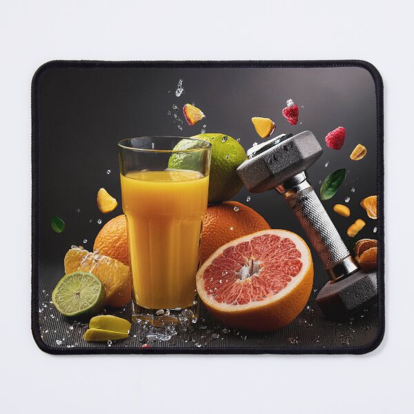 Item preview, The image showcases a vibrant and refreshing still life of healthy fruits, a glass of orange juice, and a dumbbell, symbolizing a balanced and active lifestyle designed and sold by homydesign.