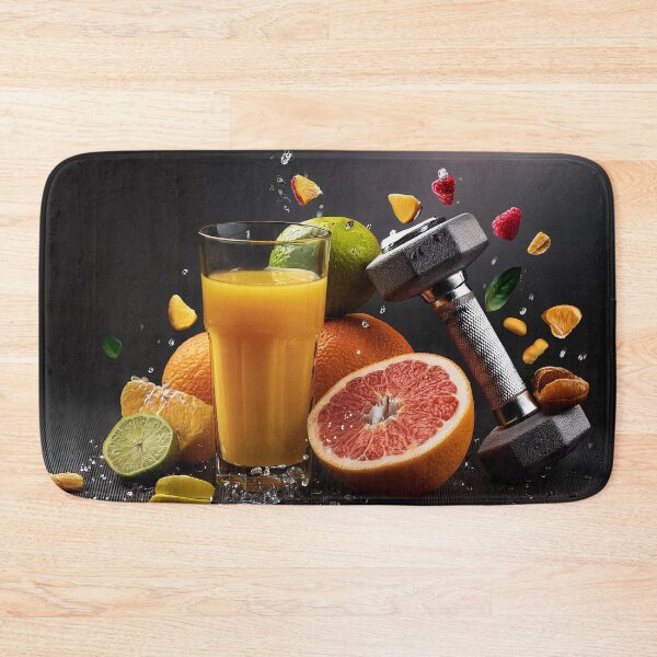 Item preview, The image showcases a vibrant and refreshing still life of healthy fruits, a glass of orange juice, and a dumbbell, symbolizing a balanced and active lifestyle designed and sold by homydesign.