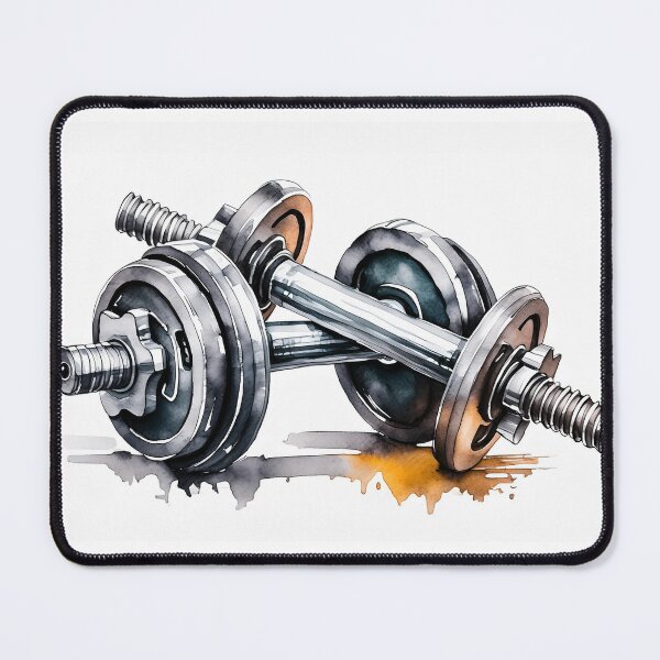 Item preview, An intricate watercolor painting of two crossed metallic dumbbells in black and silver tones, reflecting light designed and sold by homydesign.