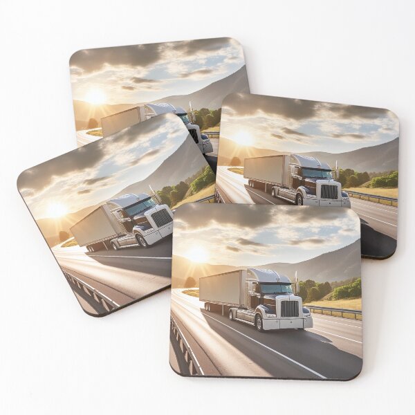 Aperçu de l'œuvre Un puissant semi-camion traverse une route de montagne sinueuse au coucher du soleil créée et vendue par homydesign.