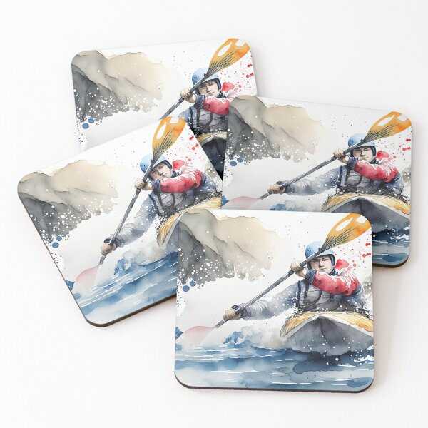 Item preview, A kayaker navigates through turbulent waters with determination, surrounded by rocky landscapes and a vibrant sky, capturing the spirit of adventure designed and sold by homydesign.