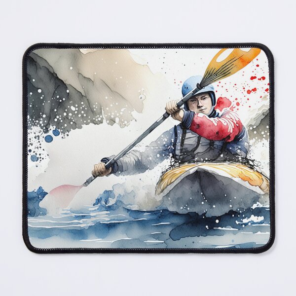 Item preview, A kayaker navigates through turbulent waters with determination, surrounded by rocky landscapes and a vibrant sky, capturing the spirit of adventure designed and sold by homydesign.