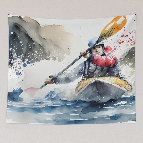 Item preview, A kayaker navigates through turbulent waters with determination, surrounded by rocky landscapes and a vibrant sky, capturing the spirit of adventure designed and sold by homydesign.