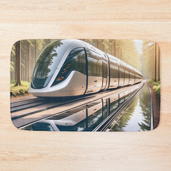 Item preview, A sleek, futuristic train glides through a lush forest designed and sold by homydesign.